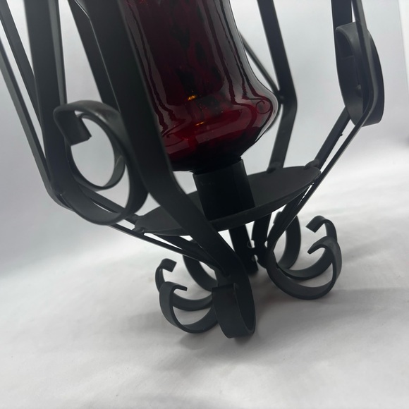 MCM-hanging metal scroll lantern with red glass votive holder-Spanish/goth/Vtg - Picture 6 of 11